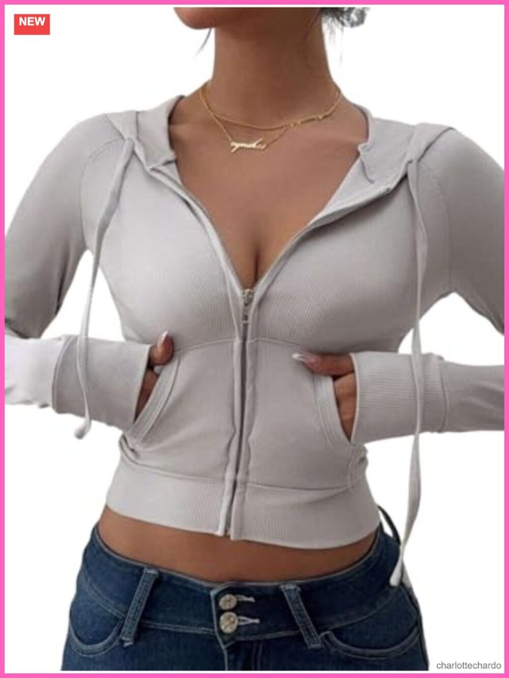 Y2K Cropped Zip Hoodie Slim Fit Long Sleeve Sweatshirt with Pockets